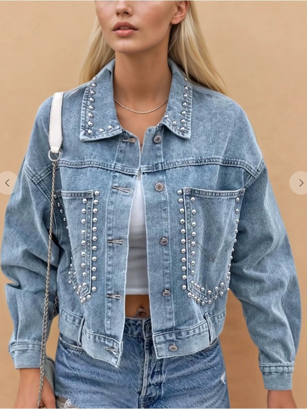 Studded Light Blue Denim Jacket - Women